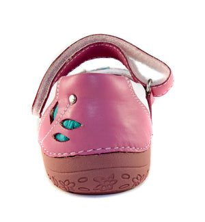 D.D. Step Little Kid Single Strap Girl Sandals/Dress Shoes White And Pink With Leaves - Supportive Leather From Europe Kids Orthopedic - shoekid.ca