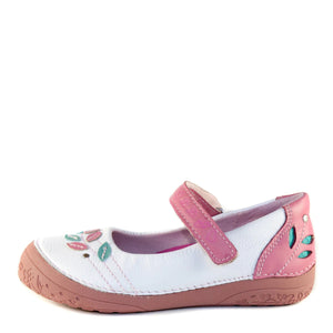 D.D. Step Little Kid Single Strap Girl Sandals/Dress Shoes White And Pink With Leaves - Supportive Leather From Europe Kids Orthopedic - shoekid.ca