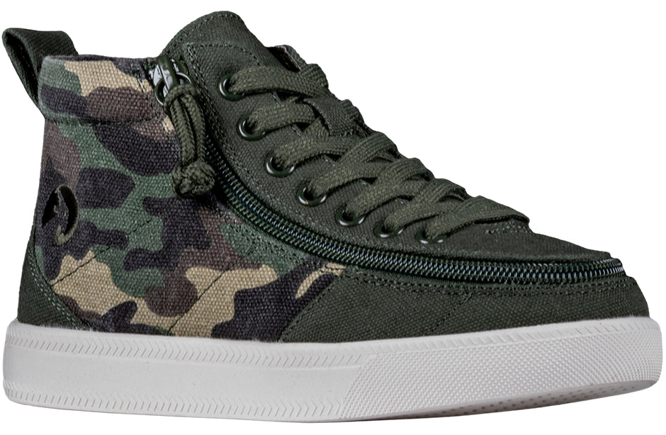 Kid's Olive Camo BILLY Classic WDR High Tops, zipper shoes, like velcro, that are adaptive, accessible, inclusive and use universal design to accommodate an afo. BILLY Footwear is medium and wide width, M, D and EEE, are comfortable, and come in toddler, kids, mens, and womens sizing.