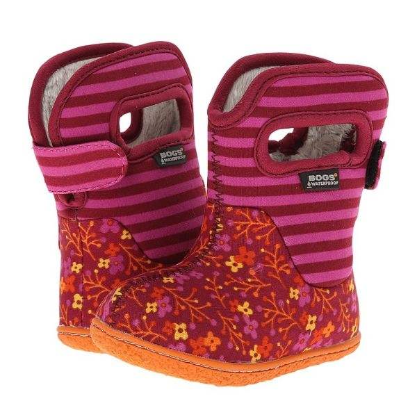 Baby Bogs Cranberry Flowers Stripe Baby Toddler Winter Boots - ShoeKid.ca